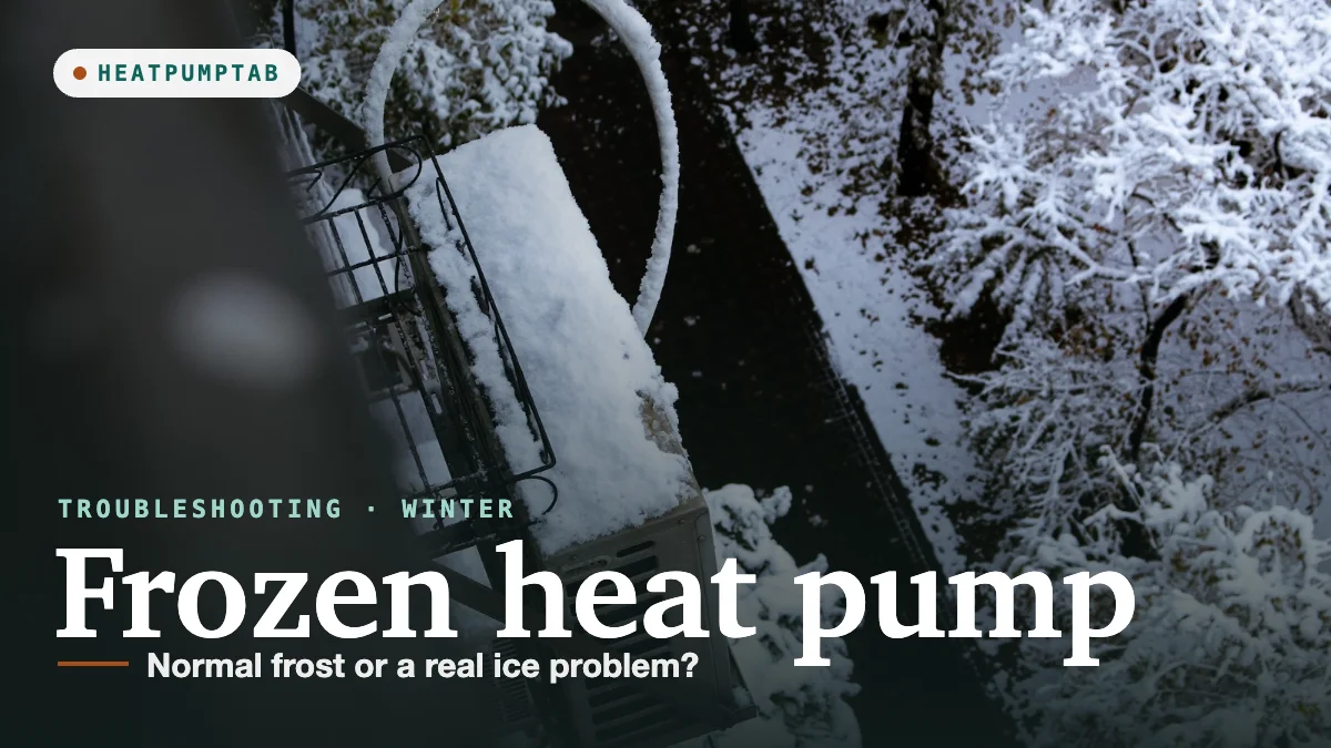 Heat pump frozen: outdoor unit on a wall bracket covered in snow